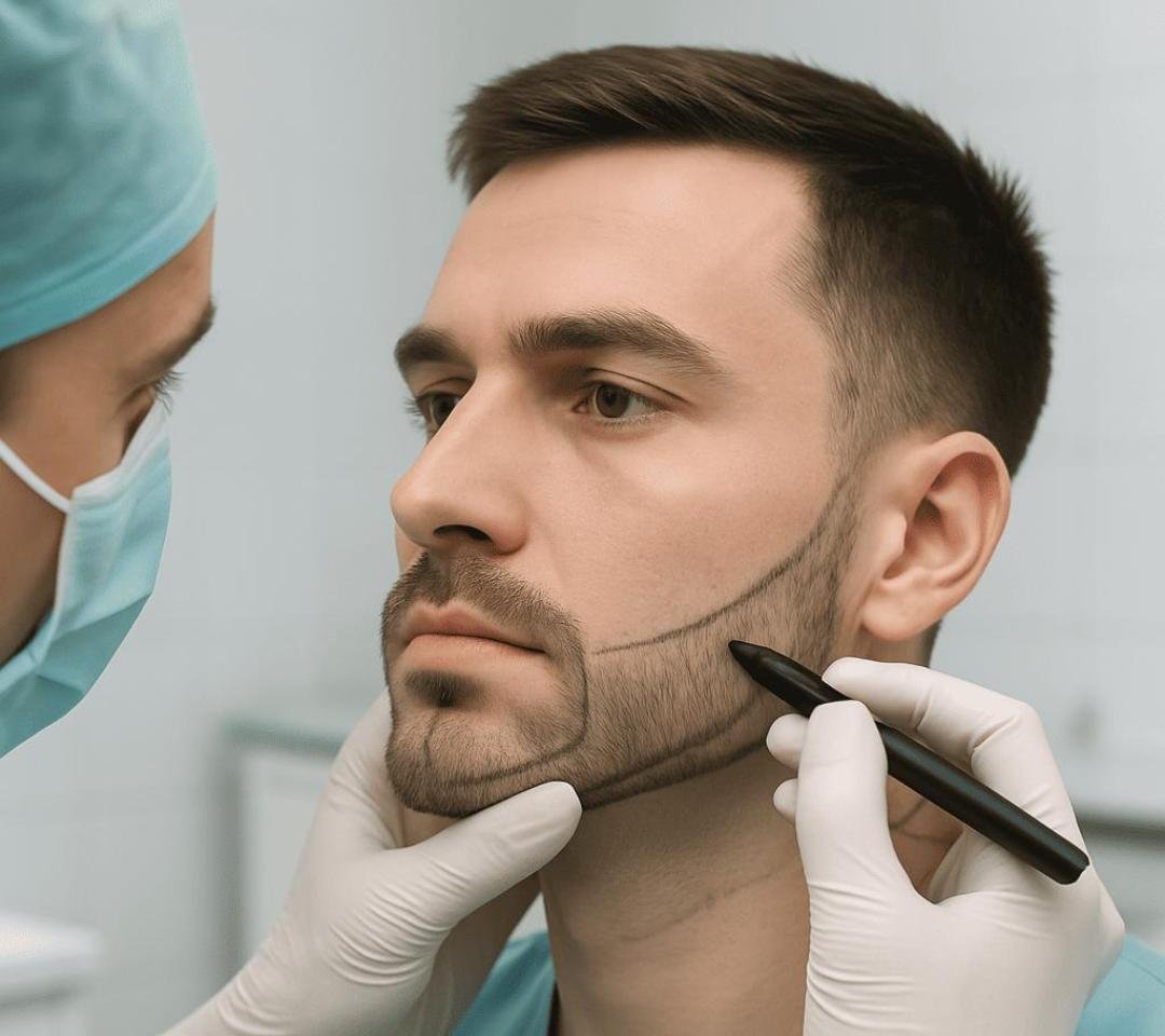 Editorial image representing beard transplantation